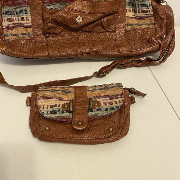 VTG Y2K 2000s UnderOneSky Brown Faux Leather Tapestry Travel Weekend Bags Set2 - Picture 8 of 11